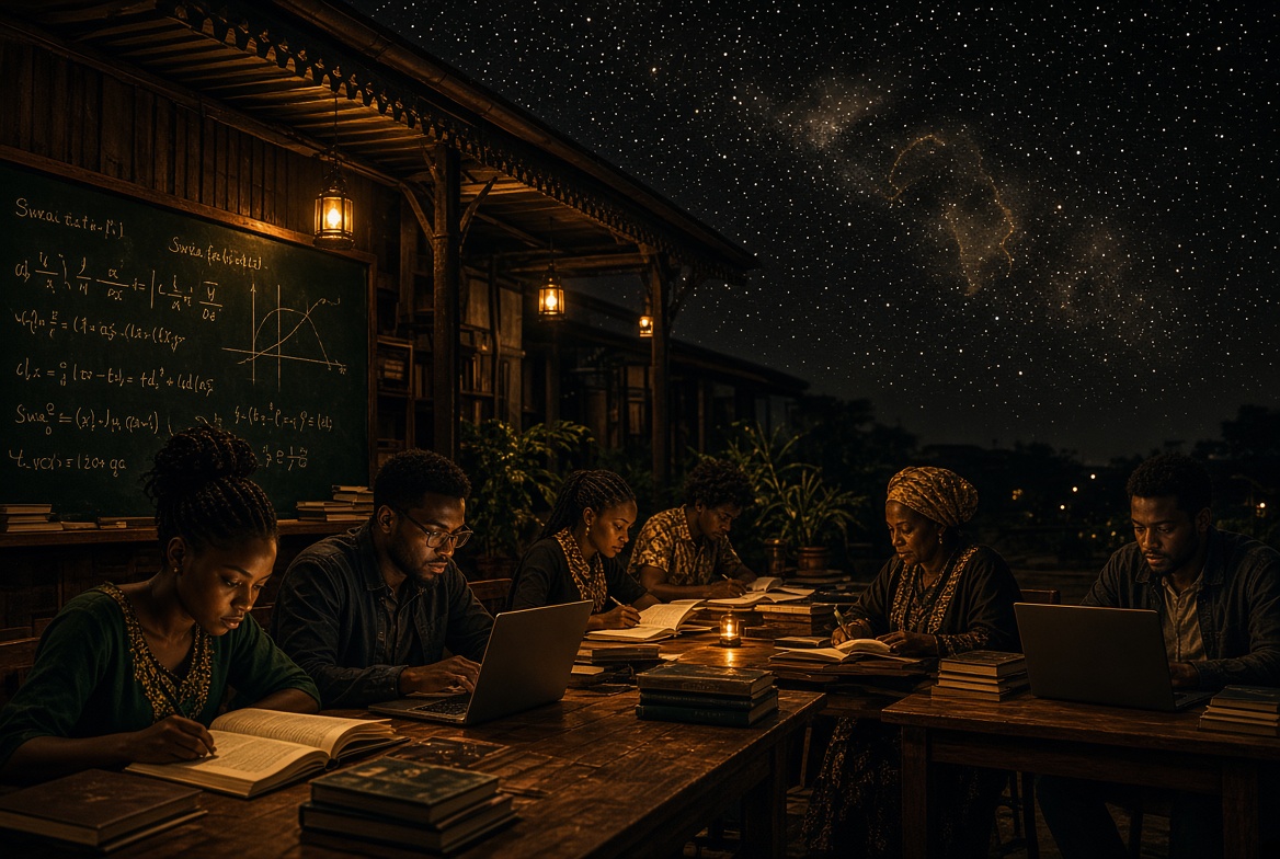 Students learning under an African night sky