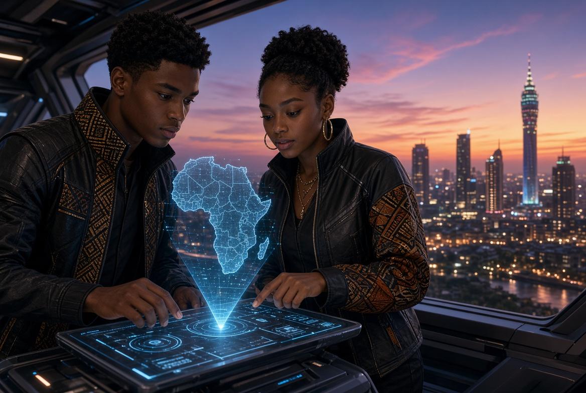 Young African Gen Z pilot controlling personal spacecraft over Africa